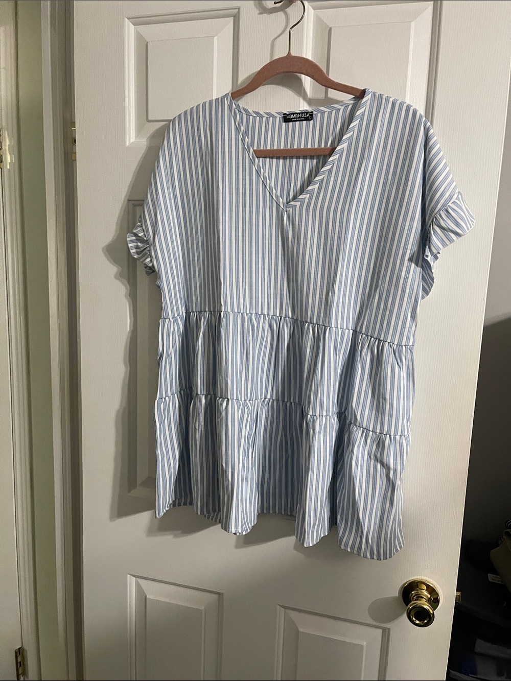 HEIMISH USA Blue & White Striped V-Neck Tiered Tunic